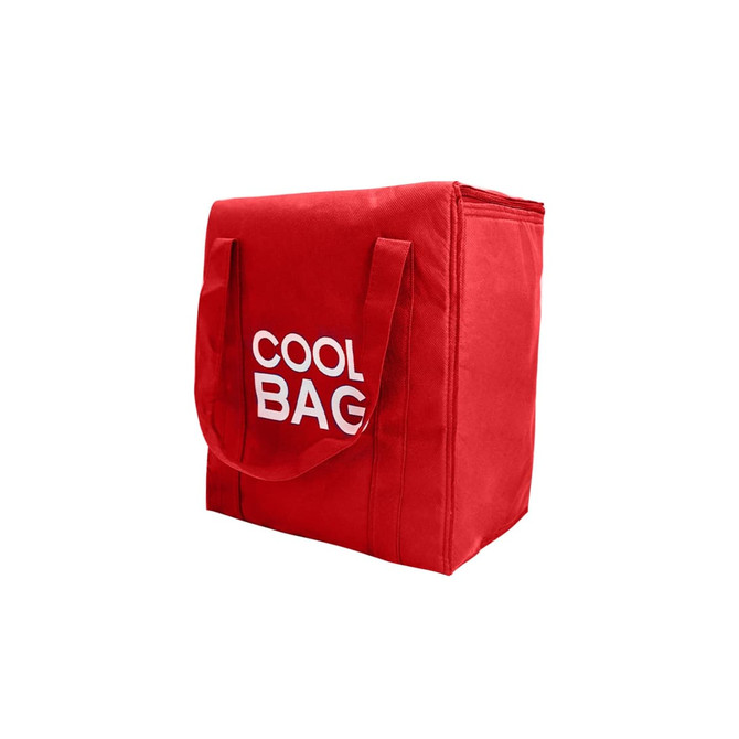 A red non-woven cooler bag with two handles and a logo on the front.