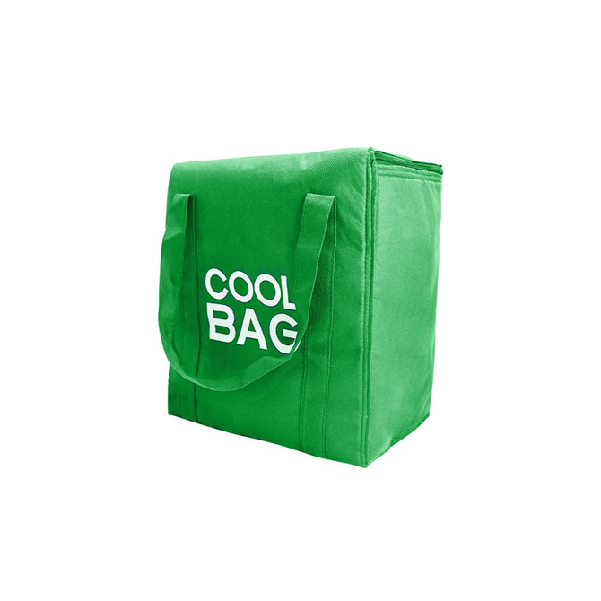 A green non-woven cooler bag with two handles and a logo on the side.