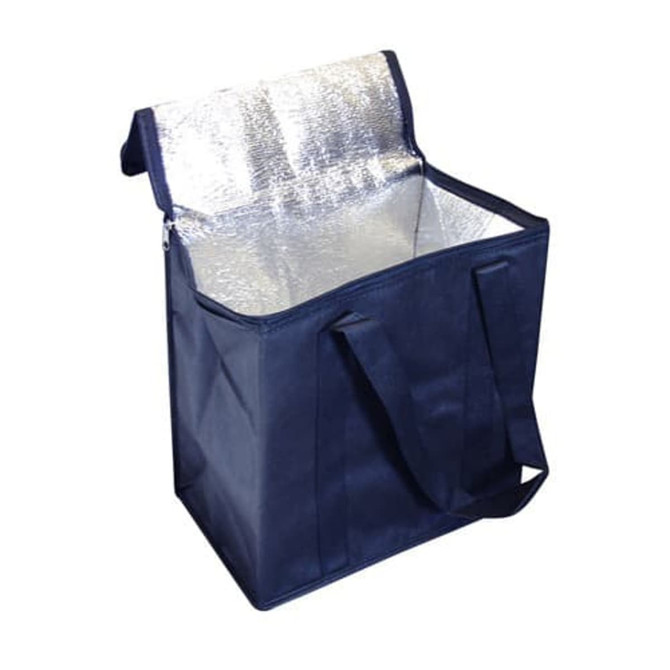 A navy blue non-woven cooler bag with silver lining, featuring sturdy handles and an open top.