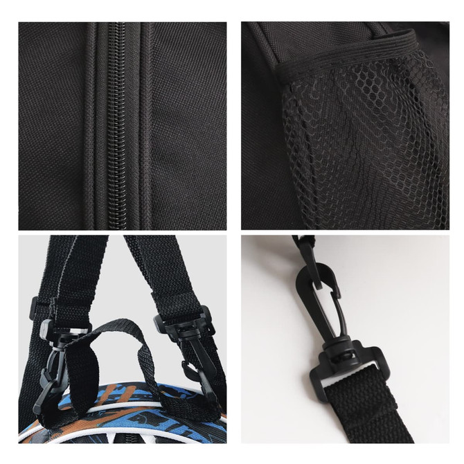 A black backpack with mesh pockets, adjustable straps, and clips, showcasing various design details.