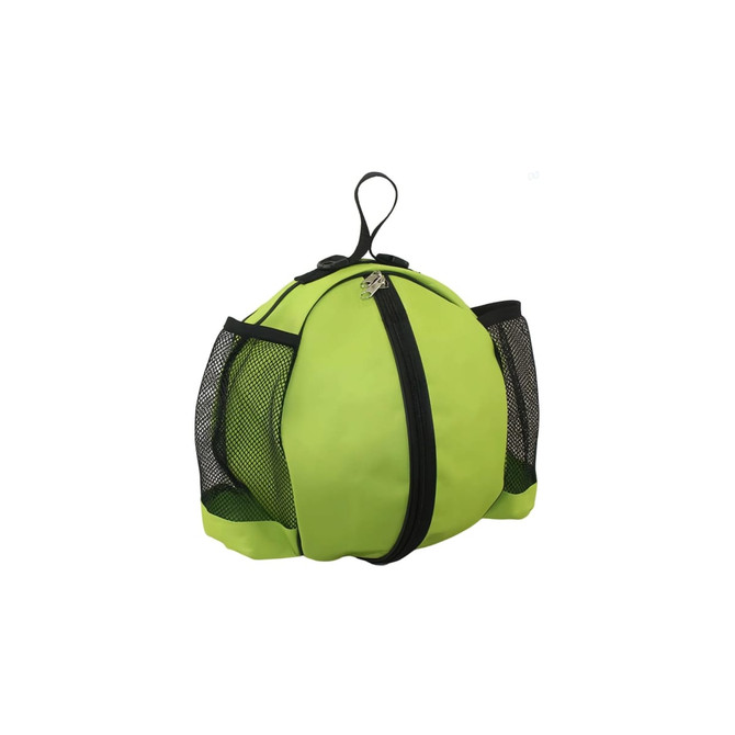 A vibrant green ball backpack featuring mesh side pockets and a zip closure. It has a sturdy top handle for carrying.
