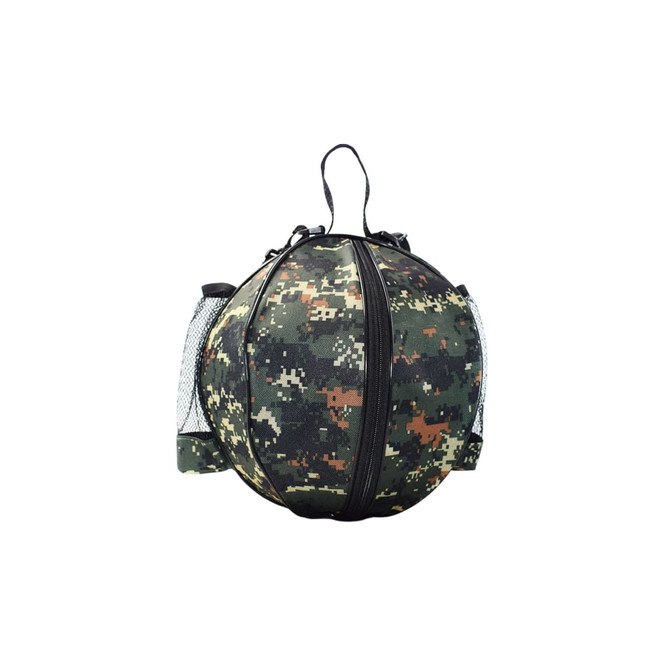 A round camouflage backpack with camouflage pattern, featuring mesh side pockets and a top handle.