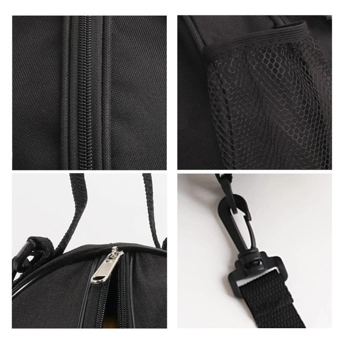 A black backpack featuring zip details, a mesh pocket, and a clip on the strap. It has a logo.