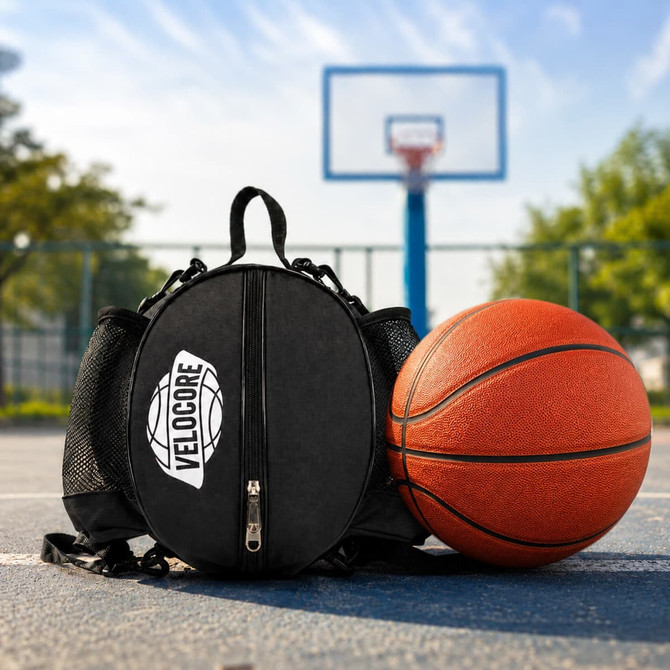 A black ball backpack sits next to an orange basketball on a court, with a basketball hoop in the background.