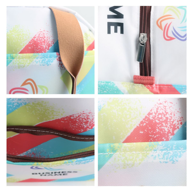 A colourful waterproof RPET cooler bag with a zipper and leather handle, featuring a vibrant geometric design.