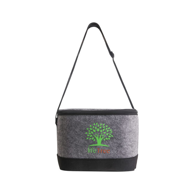 A grey felt cooler bag with a black base and a shoulder strap, featuring a logo.