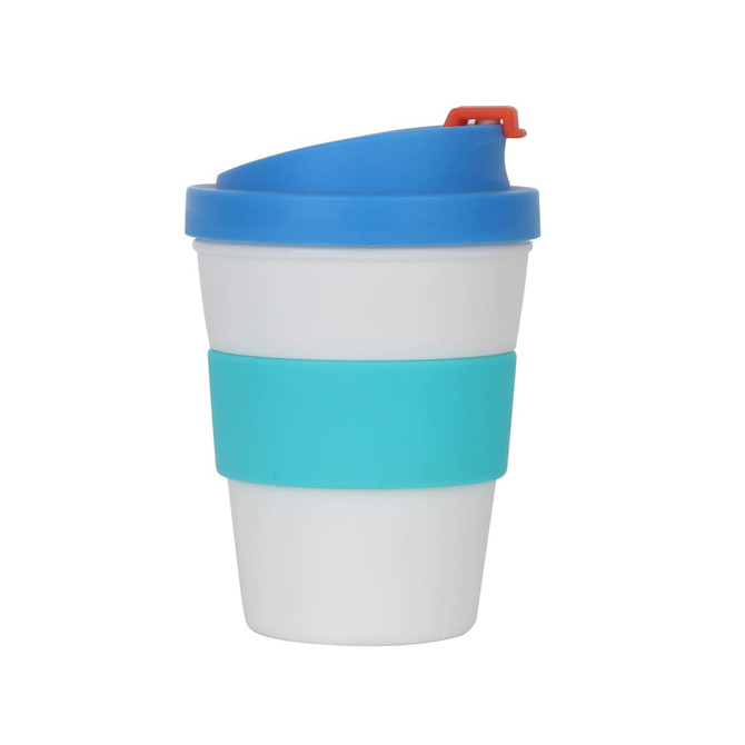 A glossy 250ml coffee cup featuring a white body, turquoise silicone band, and blue lid with an orange clip.