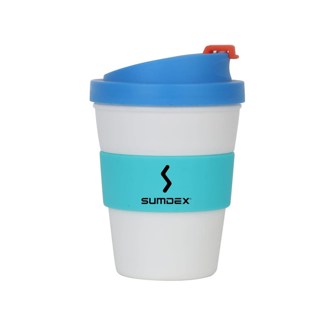 A glossy white coffee cup with a blue lid and teal silicone sleeve, featuring a logo on the front.