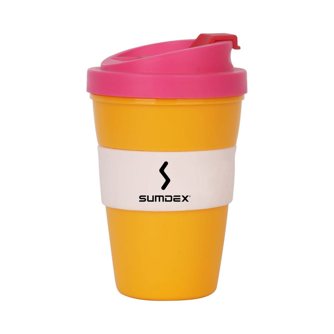 A reusable coffee cup in yellow with a pink lid and a white band. It features a logo on the band.