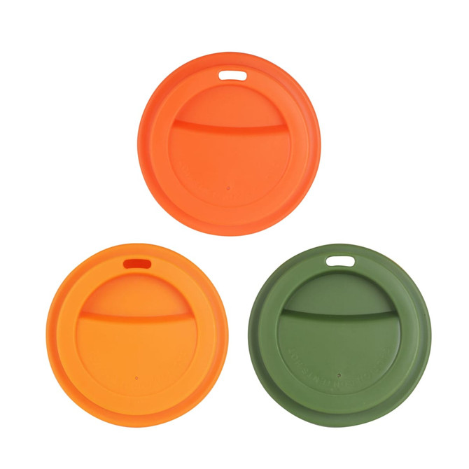 A set of three reusable coffee cup lids in orange and green, featuring varying designs and a simple logo.