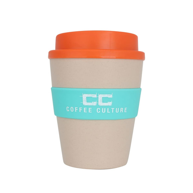 A reusable coffee cup made from natural rice husk fibre, featuring a beige body with an orange lid and a turquoise band.