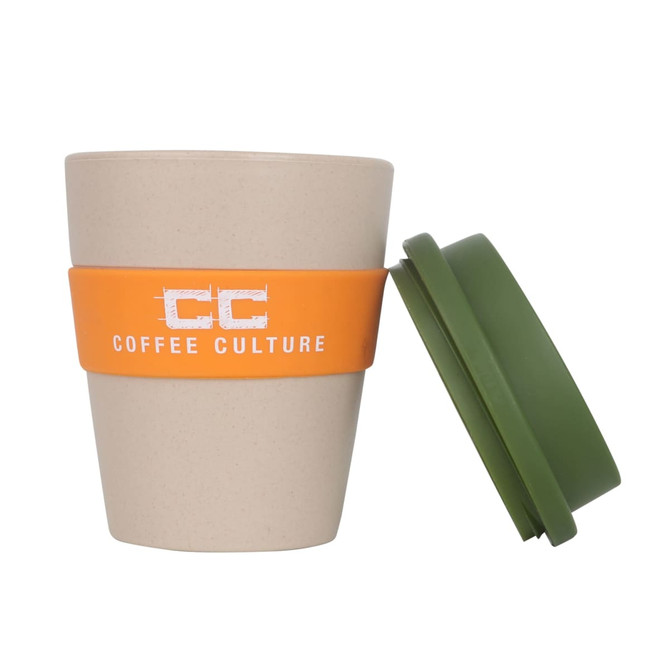 A reusable coffee cup in natural beige with an orange sleeve and green lid, featuring a logo on the side.