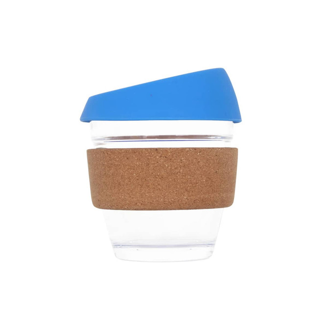A reusable glass coffee cup with a cork band and a blue lid, featuring a clear glass body.