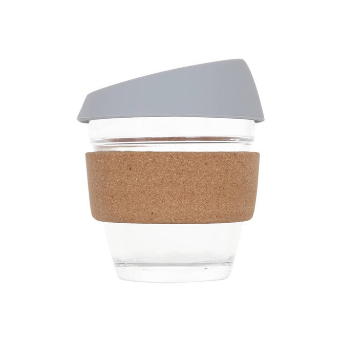 A glass coffee cup with a cork band and a grey lid, designed for reusable drinkware.