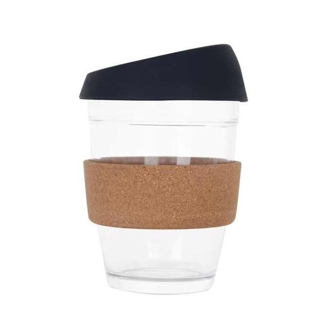 A reusable glass coffee cup with a clear body, black lid, and a cork band.