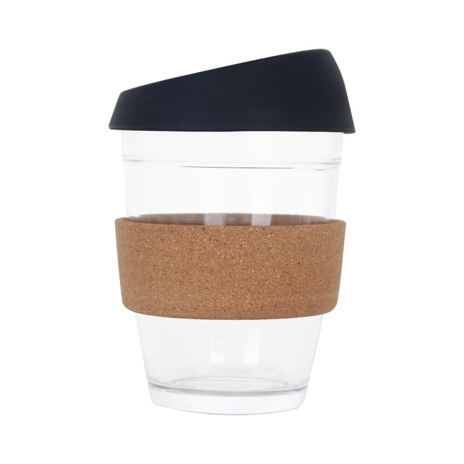 A reusable glass coffee cup with a cork band and a dark navy lid, designed for on-the-go drinks.