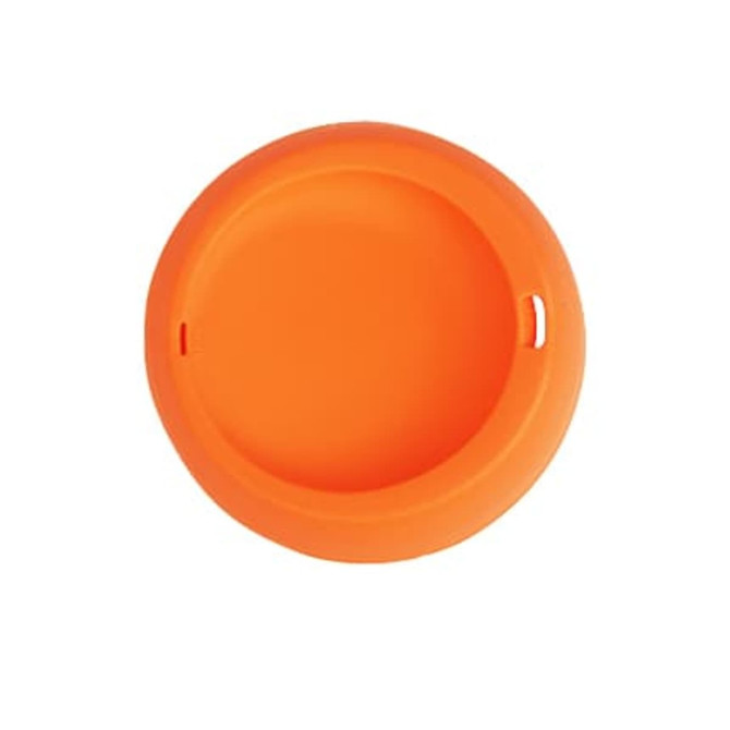 An orange silicone lid, circular in shape, designed to fit a reusable cup. It features a small opening.