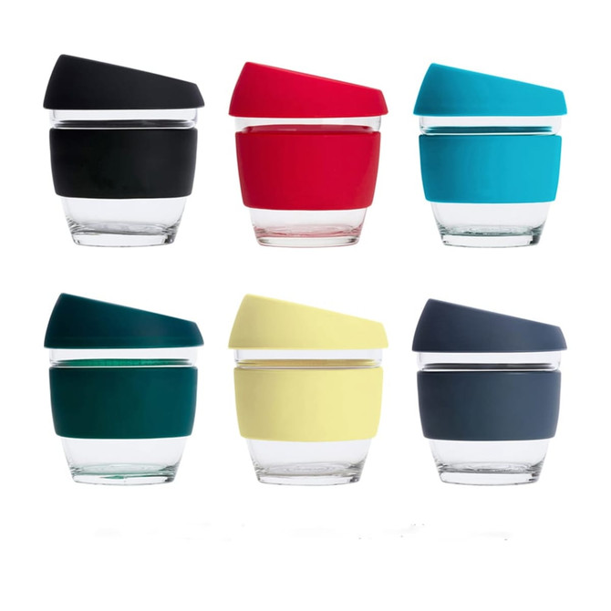 A collection of 8 oz reusable glass coffee cups in black, red, teal, dark green, yellow, and navy, each with a matching silicone lid.