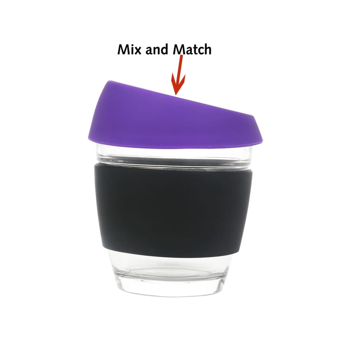A glass coffee cup with a black silicone sleeve and a purple lid, featuring a logo.