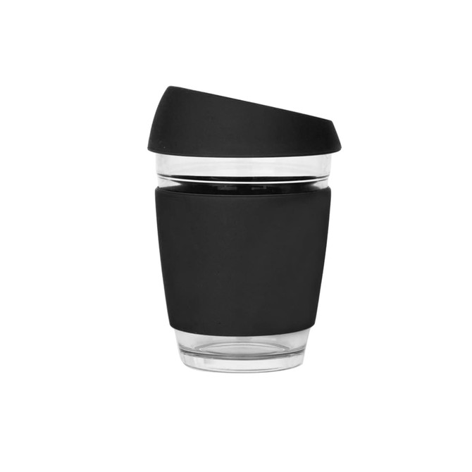 A reusable glass coffee cup in clear and black, featuring a sleek design and a protective silicone sleeve.