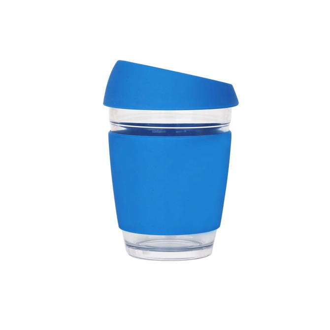 A drink bottle featuring a reusable 12 oz glass coffee cup in blue with a silicone grip and lid.