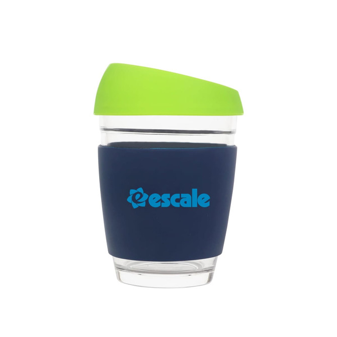 A drink bottle featuring a clear glass body with a navy silicone sleeve and a green lid, along with a logo.