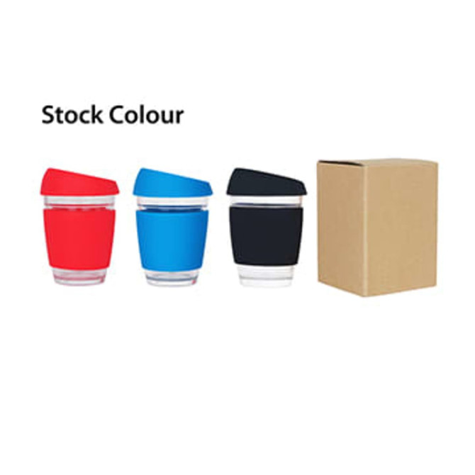 A drink bottle featuring three reusable glass coffee cups in red, blue, and black, alongside a plain cardboard box.