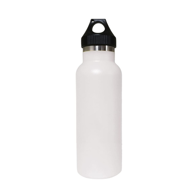 A drink bottle with a double wall vacuum design, featuring a white body and black lid. Includes a logo on the lid.