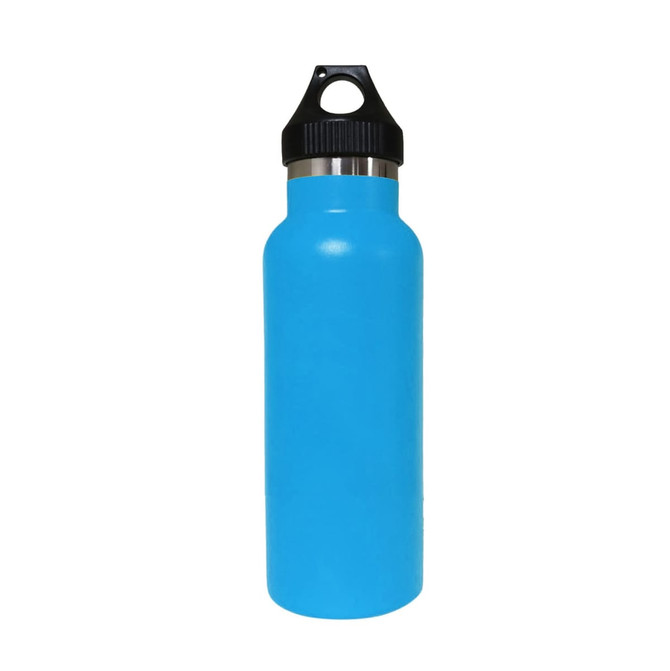 A drink bottle in bright blue with a double wall vacuum design and a black PP lid. It features a branding logo.