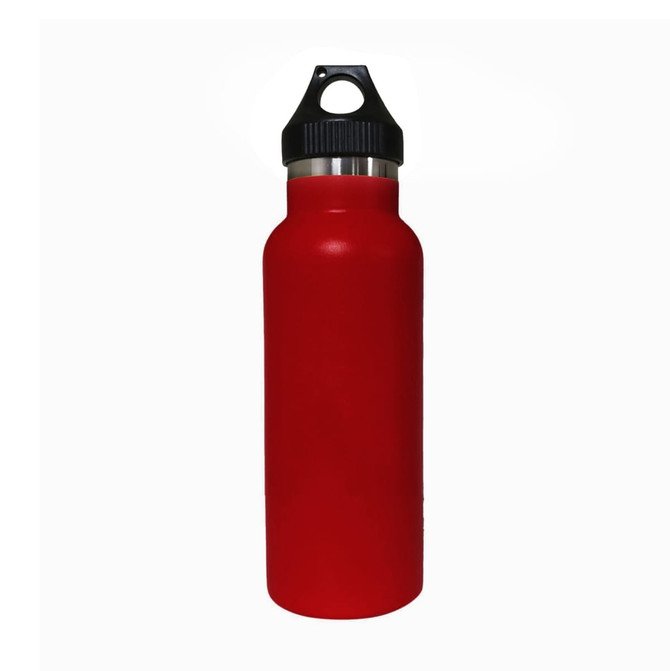 A drink bottle in vibrant red with a black lid and a built-in handle, featuring a logo.