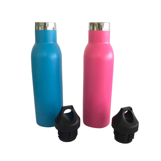 A drink bottle set featuring a blue and a pink 600ml double wall vacuum bottle with black lids.