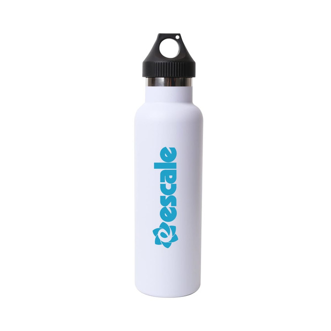A drink bottle in white with a black lid and a logo, featuring double wall vacuum insulation.