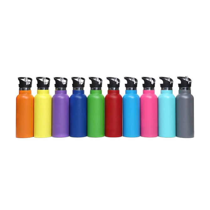 A drink bottle collection featuring various colours, including orange, yellow, purple, green, red, pink, blue, and grey, with flip valve lids.