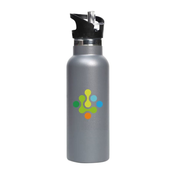 A drink bottle in silver with a flip valve lid and a logo. It features a double wall vacuum design.