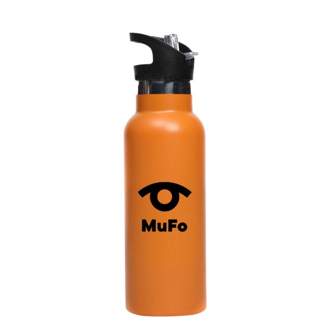 A drink bottle in vibrant orange featuring a flip valve lid and a logo. It has a double wall vacuum design.