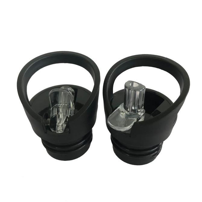 A drink bottle lid set featuring a flip valve design, primarily in black with clear components. Includes a branding logo.