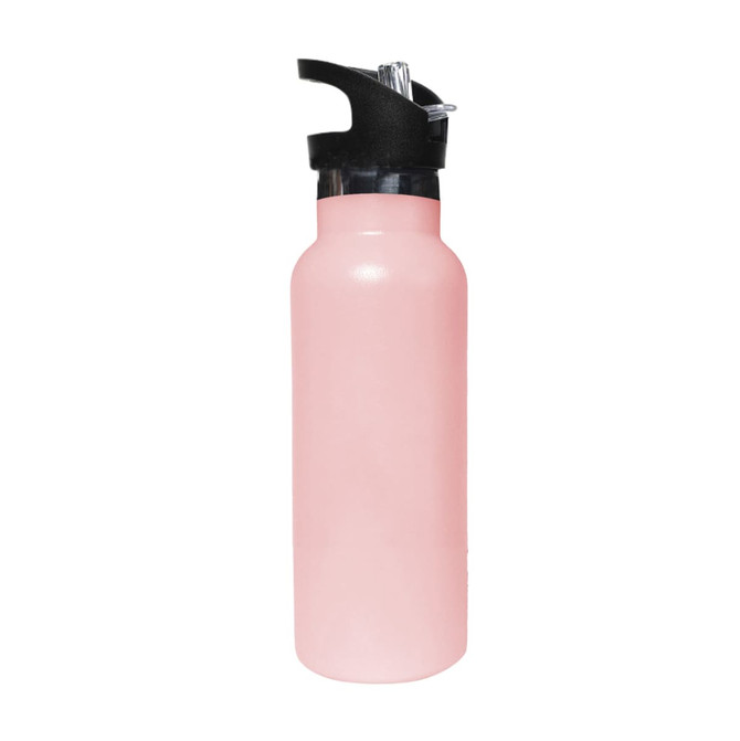 A drink bottle in pastel pink with a black flip valve lid and a logo. It features a double wall vacuum design.