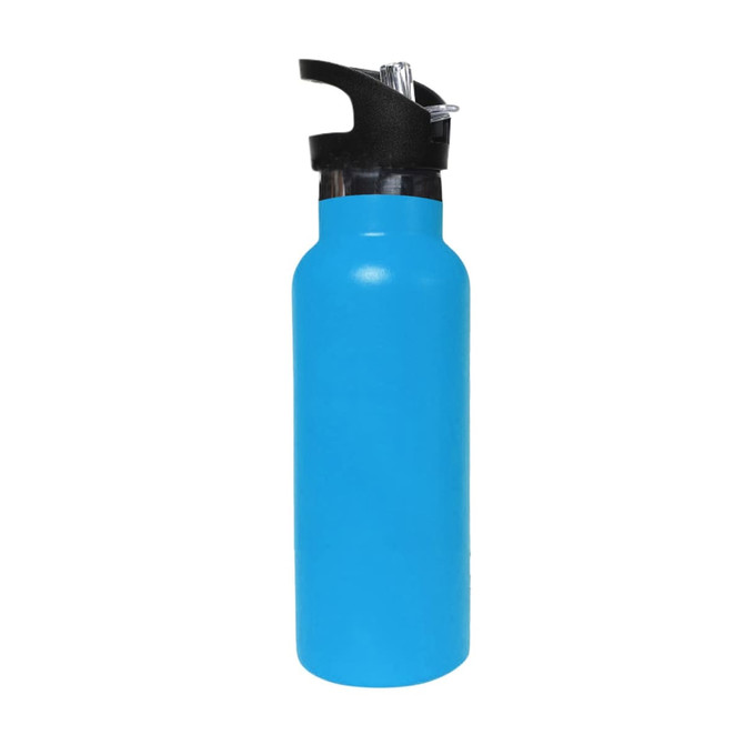 A drink bottle featuring a bright blue exterior, double wall vacuum insulation, and a flip valve lid. It has a logo on the design.