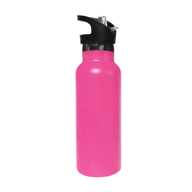 A drink bottle in vibrant pink with a black flip valve lid, featuring a logo. Double wall vacuum insulation included.