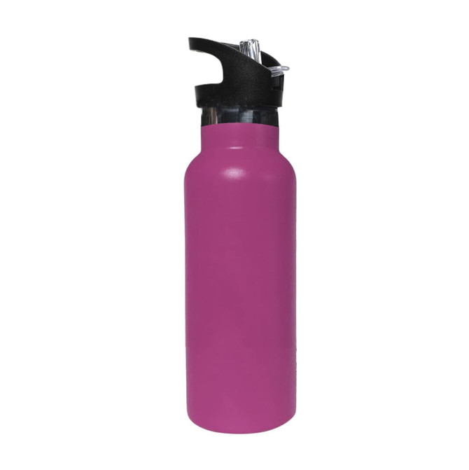 A drink bottle featuring a vibrant pink body, black flip valve lid, and a sleek double wall vacuum design.