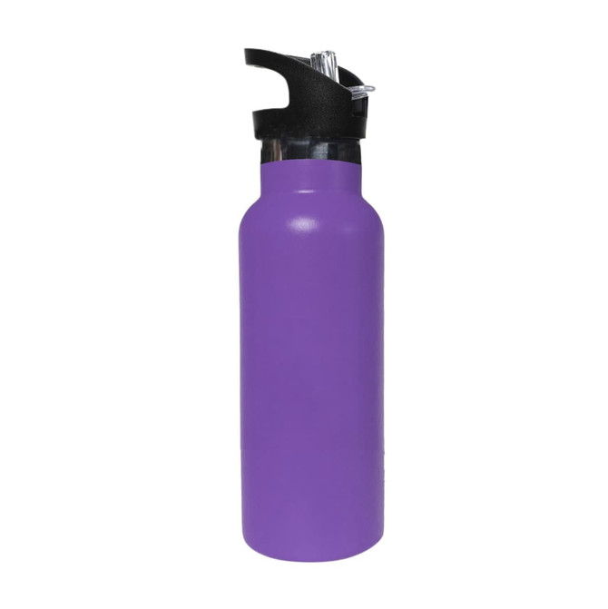 A drink bottle in vibrant purple with a black flip valve lid. It features a logo on the surface.