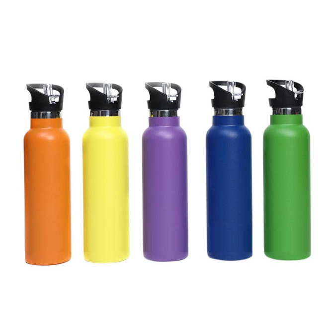 A drink bottle collection featuring orange, yellow, purple, blue, and green bottles with flip valve lids. Each has a logo.