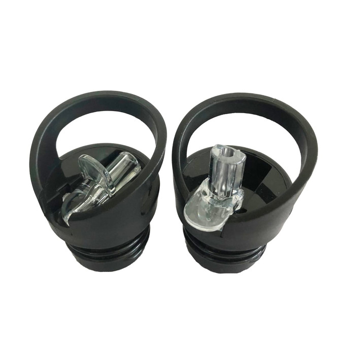 A drink bottle with a double wall vacuum design, featuring a flip valve lid. The bottle is black and includes a logo.