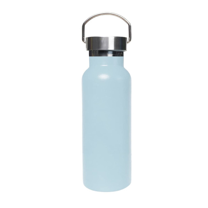 A drink bottle in light blue with a stainless steel lid and a handle, designed for keeping beverages insulated. A drink bottle in light blue with a stainless steel lid and a handle, designed for keeping beverages insulated.