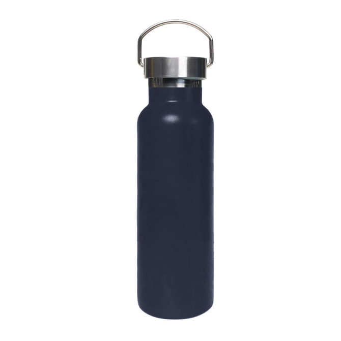 A drink bottle in navy blue, featuring a stainless steel lid and a handle. It has a sleek, double-wall vacuum design.