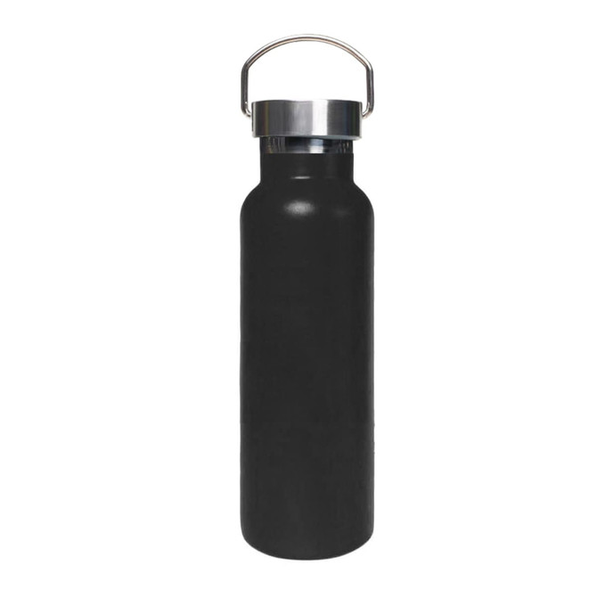 A drink bottle in black, featuring a stainless steel lid and a double wall vacuum design for insulation.