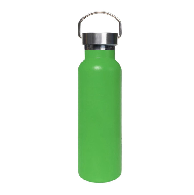 A drink bottle featuring a vibrant green finish and a stainless steel lid, equipped with a metal handle.