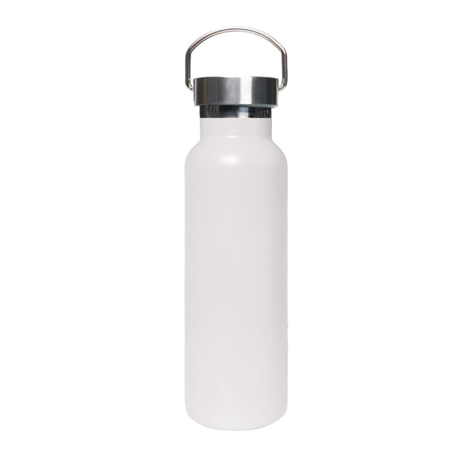 A drink bottle in white with a stainless steel lid and handle, featuring a logo.