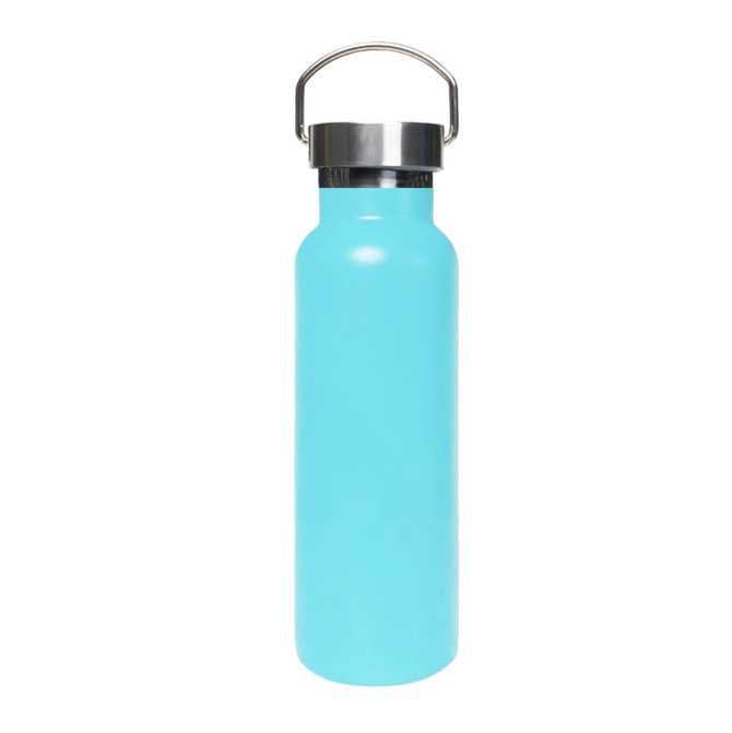 A drink bottle in a bright turquoise colour with a stainless steel lid and a carry handle.