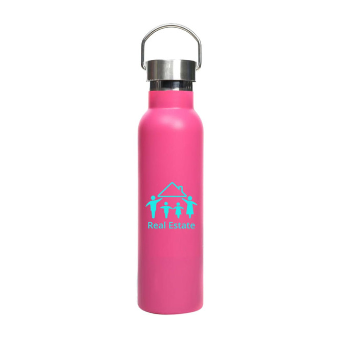 A drink bottle featuring a pink exterior and stainless steel lid, with a logo printed on the front.